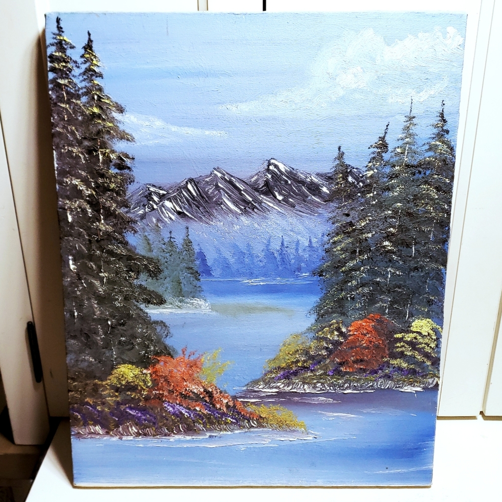 Serene Blue and Brown Mountain Painting